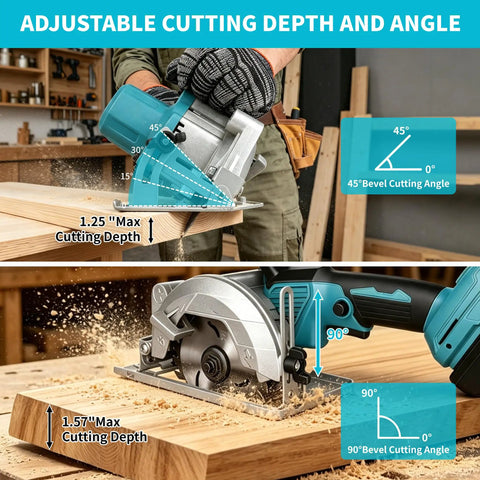 Badass Cordless Mini Circular Saw Drops Right Into Your Makita 18v Setup And Shreds Wood Fast On The Job Site Without Any Hassle, showing adjustable cutting depth and angle.