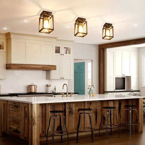 Semi Flush Mount Ceiling Light With Bronze Metal Frame And Clear Glass Shade, Farmhouse Style Fixture For Kitchen Island, Hardwired