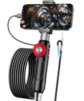 Two-Way Endoscope With Light And 360 Degree Rotation Workhorse Pro Grade Borescope for iPhone displaying engine gears, coiled cable