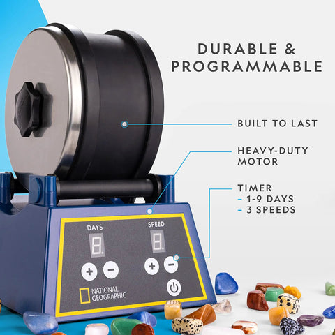Rock Tumbler Kit With Extra Large 3 Lb Barrel, 3 Speed Motor, 9 Day Timer, Includes Rocks And Polishing Grit, Durable Design