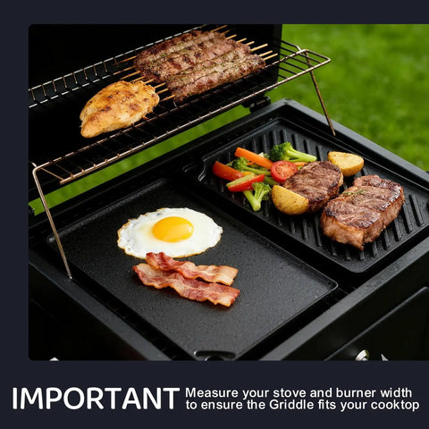 Reversible Cast Iron Grill And Griddle Pan 16.7 By 9.5 Inch Preseasoned Flat Top cooking steak, vegetables, bacon, and egg outdoors