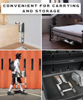 Stainless Steel Telescoping Ladder 10.5 Ft No Frills Ultra Portable Multi Purpose Extension Ladder For Indoor And Outdoor Work Lightweight Yet Sturdy 330 Lb Capacity Folds Small For Easy Storage Under Bed Or In Car Trunk, folded compactly for storage or transport under bed, carried by person, and fits in car trunk.