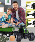 Father and son playing with Remote Control Tractor Toy With RC Trailer 23.6 Inch 1/16 Scale Monster Truck For Farm Adventures