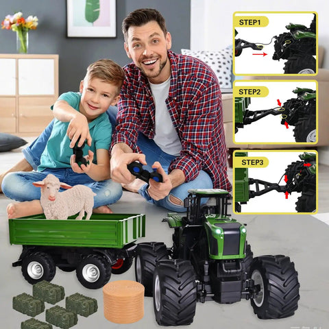 Father and son playing with Remote Control Tractor Toy With RC Trailer 23.6 Inch 1/16 Scale Monster Truck For Farm Adventures