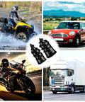 Collage of a motorcycle, car, off-road vehicle, and truck with 30 Pcs Tire Repair Screws Self Tapping Rubber Plugs Kit in center