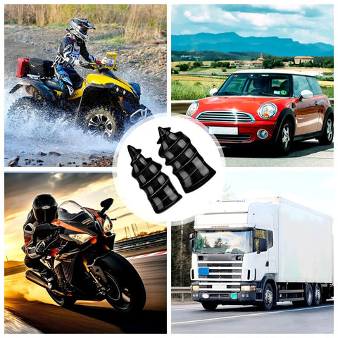 Collage of a motorcycle, car, off-road vehicle, and truck with 30 Pcs Tire Repair Screws Self Tapping Rubber Plugs Kit in center