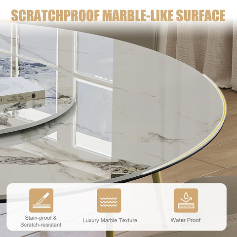 Close-up of Top Tier 59 Inch Round Sintered Stone Dining Table With Faux Marble Top Easy Spin Lazy Susan, showing durable, scratchproof surface.