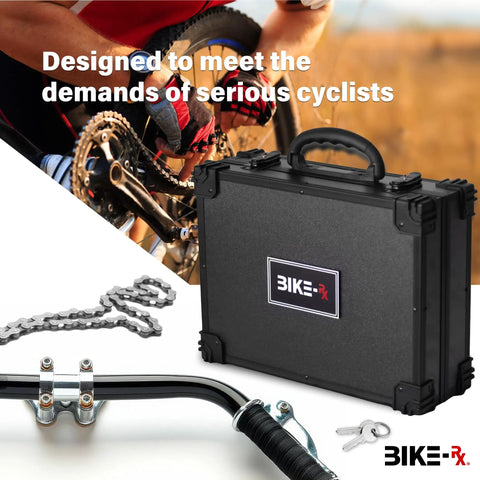 Elite 37 Piece Bike Tool Kit with locking hard case, chain, and handlebar for Mountain Road BMX and e-bikes.
