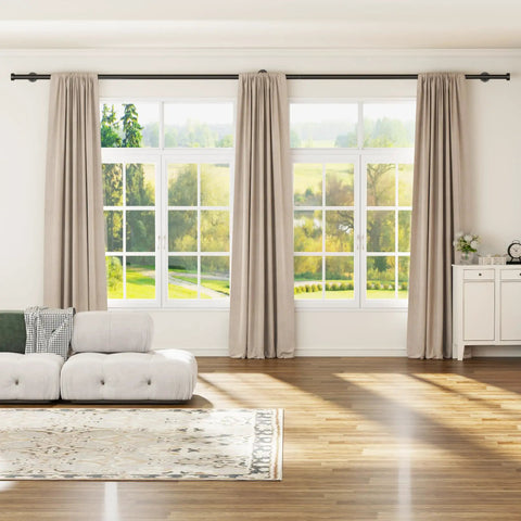 Heavy Duty Adjustable Curtain Rod 32 To 150 Inches Black 1 Inch Diameter Extra Long Window Rods With Aluminum Finials Telescoping Design And Easy Install For Wide Windows installed in living room