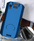 Sweet Kickstand Hard Shell Case And Rotating Belt Holster Bundle For Portable Scanners with blue textured coating and belt clip.