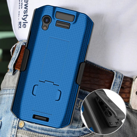Sweet Kickstand Hard Shell Case And Rotating Belt Holster Bundle For Portable Scanners with blue textured coating and belt clip.