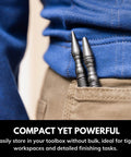 Spring-loaded woodworking tools in pocket, part of 5 Piece Spring Loaded Woodworking Kit No Hammer Needed With Nail Starters Chisel Center Punches Self Centering Punch Compact Hammerless Tools In Carrying Pouch Made In USA Carbon Steel.