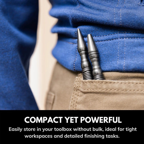 Spring-loaded woodworking tools in pocket, part of 5 Piece Spring Loaded Woodworking Kit No Hammer Needed With Nail Starters Chisel Center Punches Self Centering Punch Compact Hammerless Tools In Carrying Pouch Made In USA Carbon Steel.