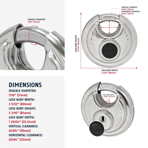 Diagram showing dimensions of Heavy Duty Diskus Storage Padlock With Two Keys For Outdoor And Commercial Use, 3.16 Inch Wide Shackle