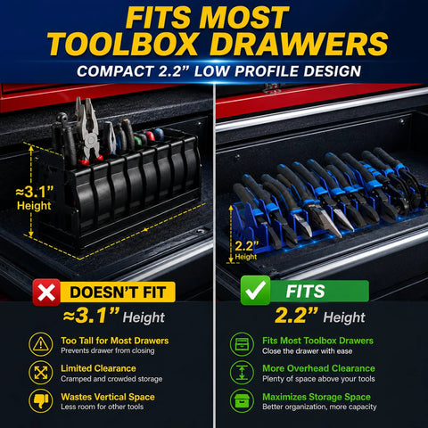 Low Profile 24 Slot Pliers Organizer Rack With Magnetic Base For Toolbox Drawers 2 Pack Tool Drawer Organizer in use
