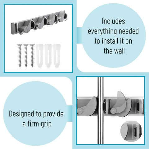 Aluminum Wall Mount Storage Rack With Four Hooks Built To Last Lightweight Durable Ideal Broom And Mop Holder installation kit