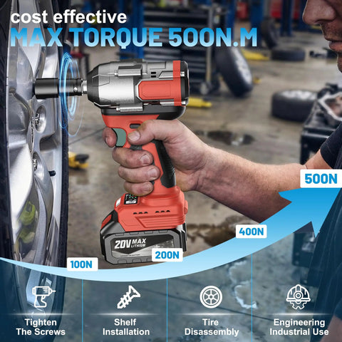 Mgym 500Nm Cordless Impact Wrench 1/2 Inch Electric Driver in use for tire disassembly and screw tightening.