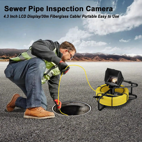 10m Pipe Inspection Camera With 4.3 Inch LCD Screen And DVR, Waterproof 17mm Endoscope For Home Drains And Pipes, LED Light, Wall Duct Access, Sewer Maintenance Tool For DIYers. Man feeds yellow cable into drain