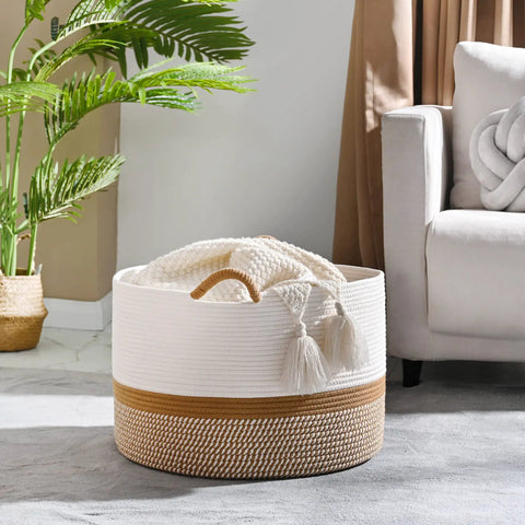Large Cotton Rope Blanket Basket For Nursery And Living Room Storage Woven Laundry Hamper And Toy Chest 20 By 13 Inches