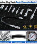 9 Piece Grease Gun Couplers Quick Connect Kit With 12 Inch Flex Hose And Roll Up Case Universal One Eighth Inch NPT Threads