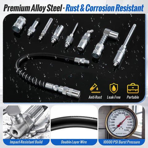 9 Piece Grease Gun Couplers Quick Connect Kit With 12 Inch Flex Hose And Roll Up Case Universal One Eighth Inch NPT Threads