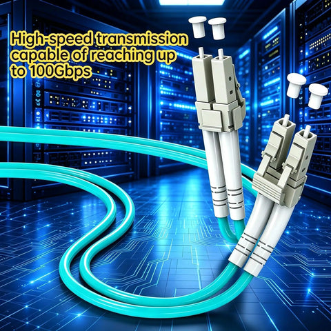 Tight LC To LC Fiber Patch Cable OM3 Multimode Duplex 5M 16.4Ft LSZH Low Smoke Flame Retardant Jacket, blue connectors and cables.