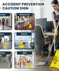 Built Tough Wet Floor Signs 3 Pack Pop Up Slippery When Wet Caution Stand With Wall Mount Holder 20 Inch Waterproof Poly Fabric OSHA Compliant Safety Warning For Shop And Office used in various locations.