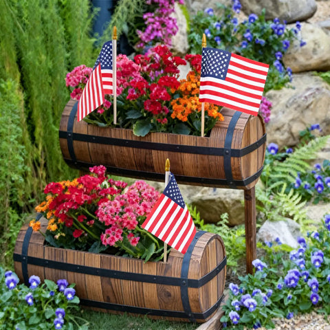 8x12 Inch American Flags On Sticks, 12 Pack With 17.5 Inch Wooden Poles, displayed in flower planters