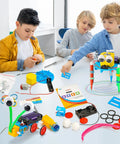 Six-In-One Robotics Science Kits For Kids Ages 8 To 12, STEM Building Toys With Bubble Machine, Doodling Robot, Balance Robot, Crawling Robot, Glider And Air Rocket For Hands-On Engineering Fun; kids building robots at a table