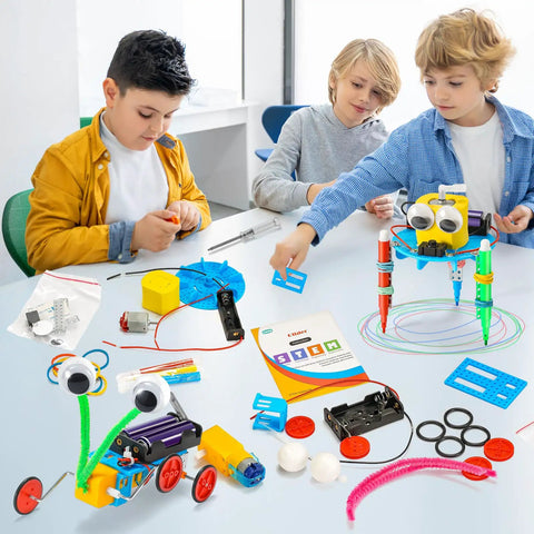 Six-In-One Robotics Science Kits For Kids Ages 8 To 12, STEM Building Toys With Bubble Machine, Doodling Robot, Balance Robot, Crawling Robot, Glider And Air Rocket For Hands-On Engineering Fun; kids building robots at a table