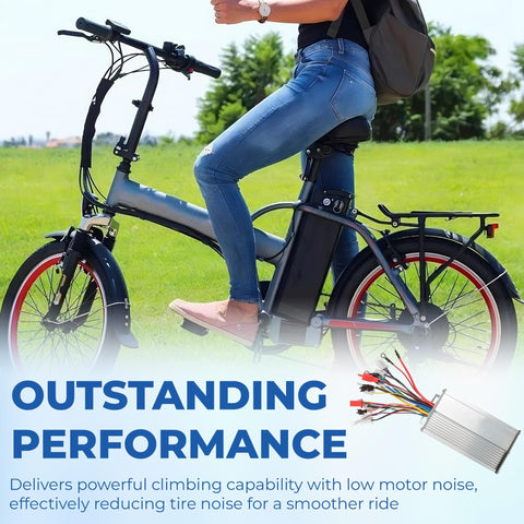 Person riding e-bike with Beefed Up Dual Mode 12 Tube Brushless Motor Speed Controller For 48V 60V 64V 72V Systems
