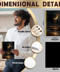 Man holding Celestial Moon Ocean Beach Notebook Journal For Women, dimensions and features highlighted.