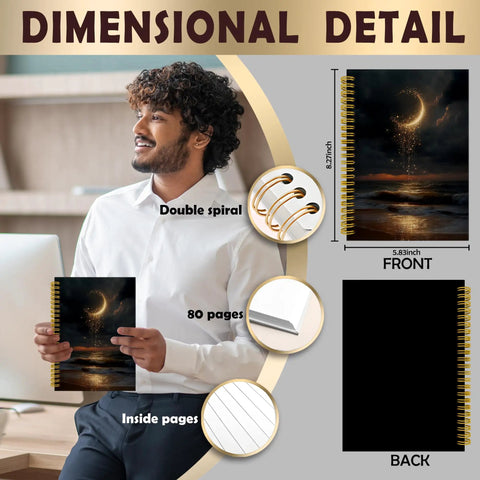 Man holding Celestial Moon Ocean Beach Notebook Journal For Women, dimensions and features highlighted.