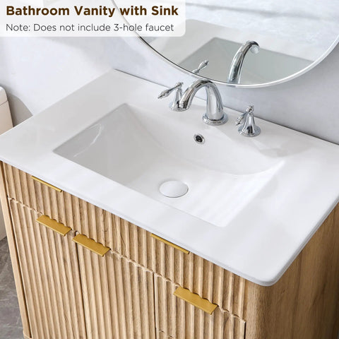 Smooth 30 Inch Fluted Bathroom Vanity With White Ceramic Sink Solid Natural Oak Build Wave Form Curve Design Fresh Urban Vibes Straight Up Daily Upgrade