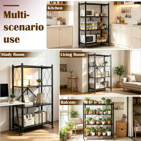 Nix The Clutter With This Game Changing Heavy Duty Folding Metal Organizer Shelf In Crisp White displayed in various home settings.
