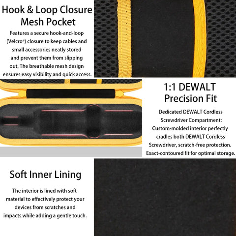 Hard Travel Case For DEWALT FlexDrive Cordless Screwdriver DWHT66719 With Pro Grade Tough Build Secure Fit Sturdy Handle Black Case And Yellow Zipper interior view