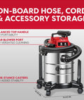 Premium 5 Gallon Wet Dry Shop Vac With Badass 135 Air Watt Suction, Rust Resistant Stainless Steel Tank, 16 Foot Extended Reach, And Six Piece Accessory Bundle For Daily Garage Cleaning showcasing on-board hose and accessory storage.