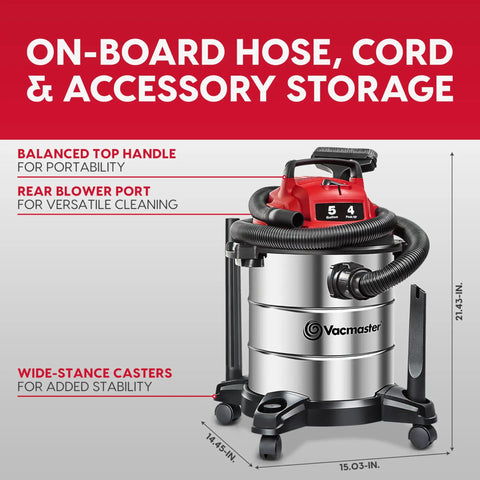 Premium 5 Gallon Wet Dry Shop Vac With Badass 135 Air Watt Suction, Rust Resistant Stainless Steel Tank, 16 Foot Extended Reach, And Six Piece Accessory Bundle For Daily Garage Cleaning showcasing on-board hose and accessory storage.