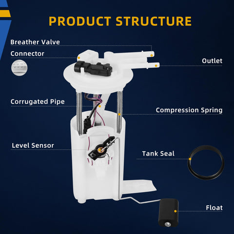 Product structure of drop in replacement in tank fuel pump for 2000 2005 Chevy Impala Monte Carlo Buick Century Regal Oldsmobile Intrigue Pontiac Grand Prix V6 engines 3.1L 3.4L 3.5L 3.8L showing parts labeled