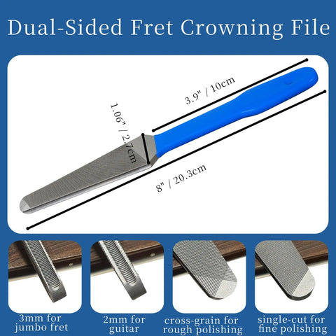 Dual-sided fret crowning file from All In One Luthier Tool Kit For Guitar Setup And Fret Work Pro, 8-inch steel with blue handle.