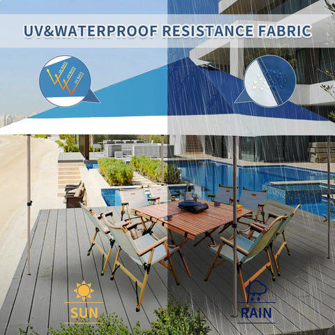13x13 No Fuss Quick Setup Pop Up Canopy Tent Shelter With Wheeled Carry Bag Portable Commercial Gazebo For Outdoor Events Includes Sandbags Stakes And Ropes Navy That Stays Stable In Wind, showing UV & waterproof features over outdoor seating area.