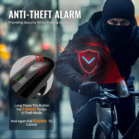 Biker demonstrating Two Pack Bike Lights With Horn, 1400LM USB Rechargeable with Anti-Theft Mode activated on handlebar.