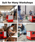Portable Air Filtration System with 180 Degree Air Intake and High Velocity Vortex Fan in various workshop settings