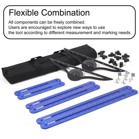 Solid Build Stair Tread Template Tool With Hella Precise Six Fold Measuring Jig For Dead On Staircase Angles And Pro Woodworking Layouts Up To Fifty Two Inches No Sweat Setup with tools and carrying case.