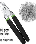 Hog Ring Pliers Kit With 110 Three Quarter Inch Galvanized Rings for Fencing and Auto Upholstery featuring tough steel pliers with cushioned handles.