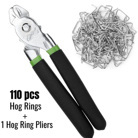Hog Ring Pliers Kit With 110 Three Quarter Inch Galvanized Rings for Fencing and Auto Upholstery featuring tough steel pliers with cushioned handles.