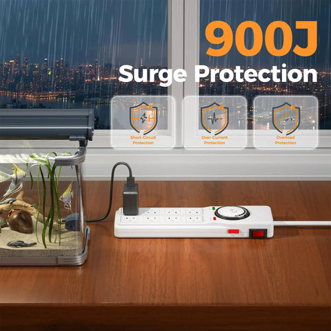 No Fuss Heavy Duty Mechanical Timer Surge Protector Power Strip With Eight Outlets And Four Always On Plugs For Daily Household Scheduling Plus Four Foot Extension Cord Indoors and an aquarium setup.