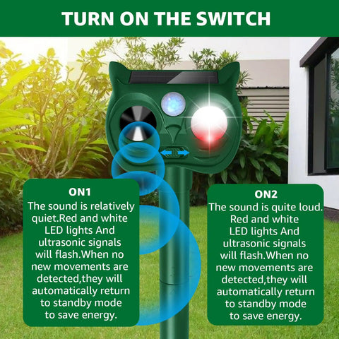 Solar Powered Ultrasonic Animal Repellent With Outdoor Motion Sensor For Squirrels And Deer Yard Guard PIR Detection Up To 30 Feet 120 Degree Coverage Inaudible To Humans With LED Strobe, green yard unit on stake