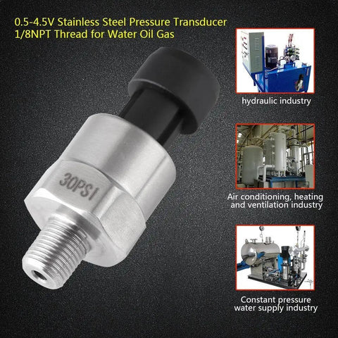 1/8 NPT Stainless Steel Pressure Transducer Sensor For Oil Fuel Air Water Measurement High Sensitivity Accuracy With 5V Output And 300 PSI Range Built Tough For Reliable Readings, used in hydraulic, HVAC, and water systems.