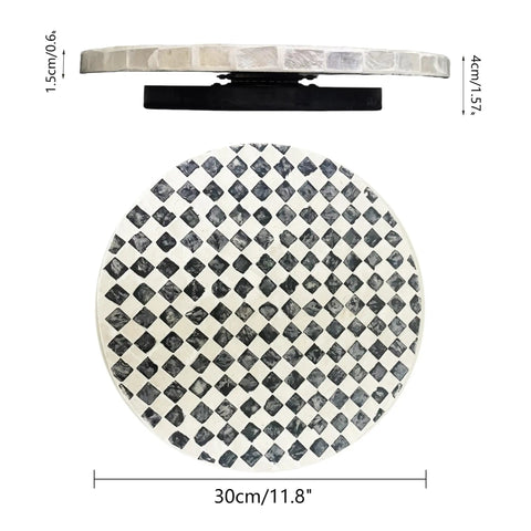 Top view of Lazy Susan Organizer With Boho Checkered Mother Of Pearl Inlay 12 Inch Rotating Tray, showing pearl inlay design.